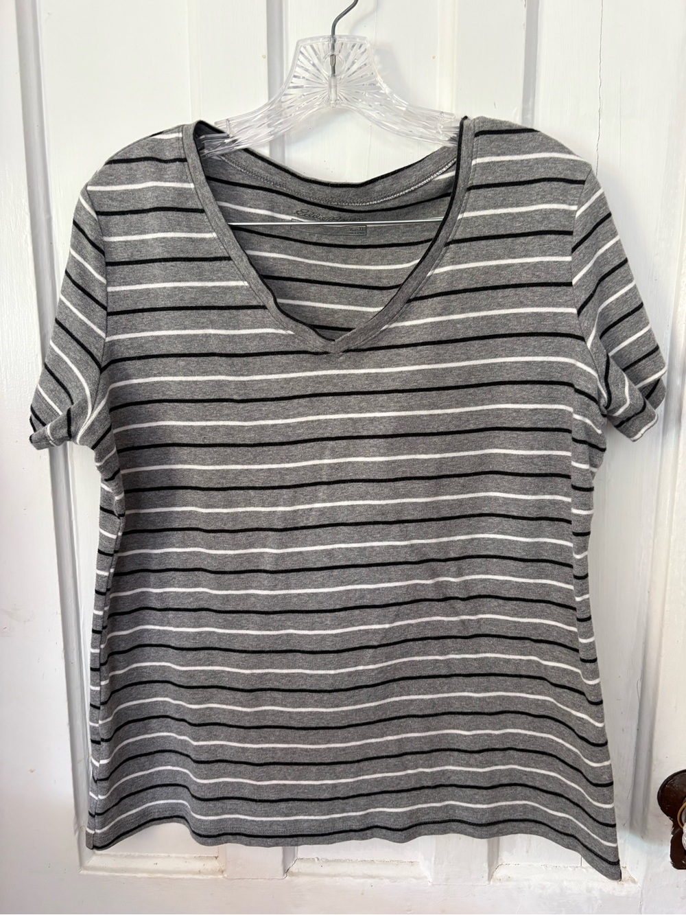 Eddie Bauer Gray and White Striped V-Neck Tee